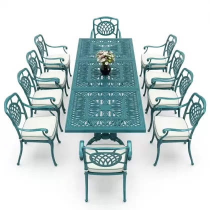 Dikdötgen Masa E:100 x D:300 x Y:72 cm 10 Kişilik alüminyum döküm masa ve sandalye takımı turkuaz