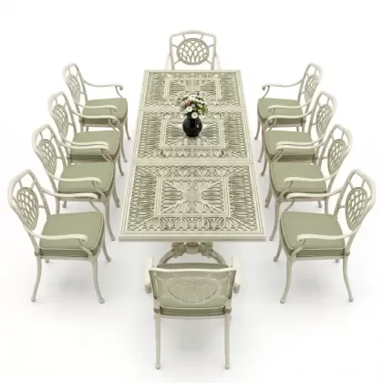 Dikdötgen Masa E:100 x D:300 x Y:72 cm 10 Kişilik alüminyum döküm masa ve sandalye takımı beyaz yeşil patina