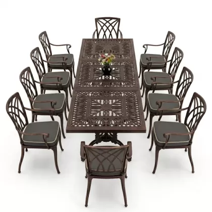 Dikdörtgen Masa E:100 x D:300 x Y:72 cm 10 Kişilik alüminyum döküm masa ve sandalye takımı bakır eskitme