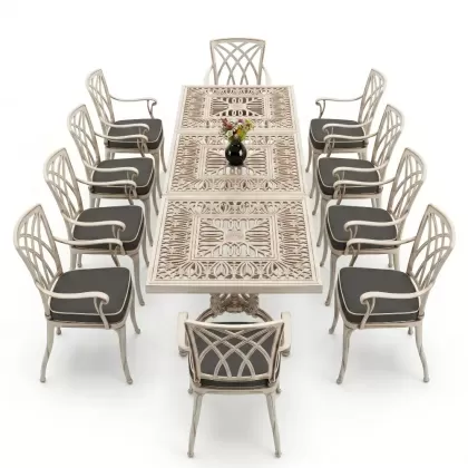 Dikdörtgen Masa E:100 x D:300 x Y:72 cm 10 Kişilik alüminyum döküm masa ve sandalye takımı beyaz eskitme