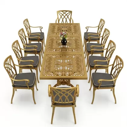 Dikdörtgen Masa E:100 x D:300 x Y:72 cm 10 Kişilik alüminyum döküm masa ve sandalye takımı gold altın