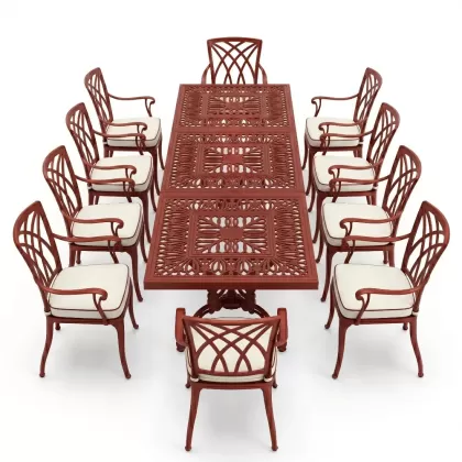 Dikdörtgen Masa E:100 x D:300 x Y:72 cm 10 Kişilik alüminyum döküm masa ve sandalye takımı kiremit kırmızı