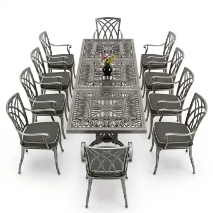 Dikdörtgen Masa E:100 x D:300 x Y:72 cm 10 Kişilik alüminyum döküm masa ve sandalye takımı gümüş silver