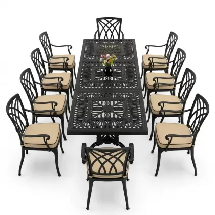 Dikdörtgen Masa E:100 x D:300 x Y:72 cm 10 Kişilik alüminyum döküm masa ve sandalye takımı siyah