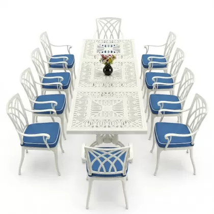 Dikdörtgen Masa E:100 x D:300 x Y:72 cm 10 Kişilik alüminyum döküm masa ve sandalye takımı beyaz