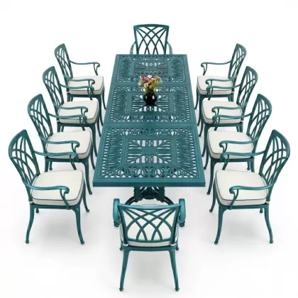 Dikdörtgen Masa E:100 x D:300 x Y:72 cm 10 Kişilik alüminyum döküm masa ve sandalye takımı turkuaz