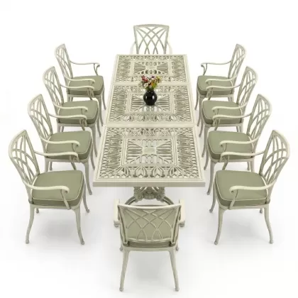 Dikdörtgen Masa E:100 x D:300 x Y:72 cm 10 Kişilik alüminyum döküm masa ve sandalye takımı yeşil beyaz patina