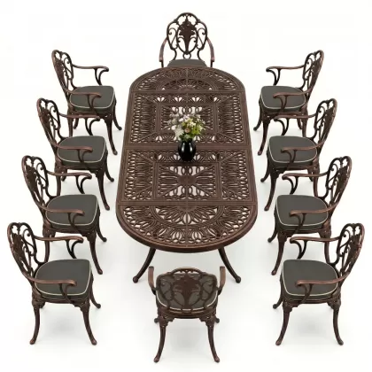Oval Masa E:100 x D:300 x Y: 72 cm 10 Kişilik alüminyum döküm masa ve sandalye takımı bakır eskiteme