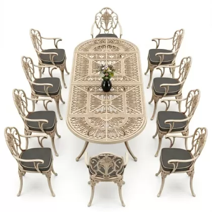 Oval Masa E:100 x D:300 x Y: 72 cm 10 Kişilik alüminyum döküm masa ve sandalye takımı beyaz eskitme