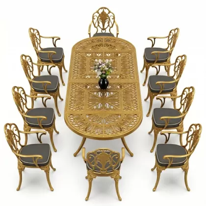 Oval Masa E:100 x D:300 x Y: 72 cm 10 Kişilik alüminyum döküm masa ve sandalye takımı gold altın