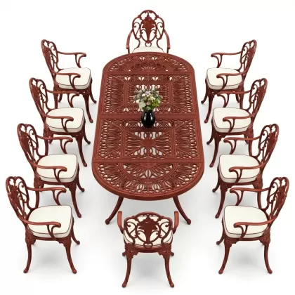 Oval Masa E:100 x D:300 x Y: 72 cm 10 Kişilik alüminyum döküm masa ve sandalye takımı kırmızı kiremit