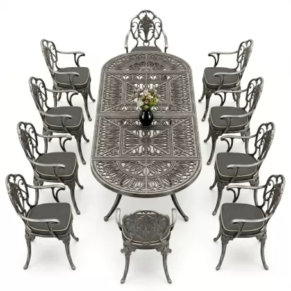 Oval Masa E:100 x D:300 x Y: 72 cm 10 Kişilik alüminyum döküm masa ve sandalye takımı silver gold