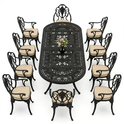 Oval Masa E:100 x D:300 x Y: 72 cm 10 Kişilik alüminyum döküm masa ve sandalye takımı siyah