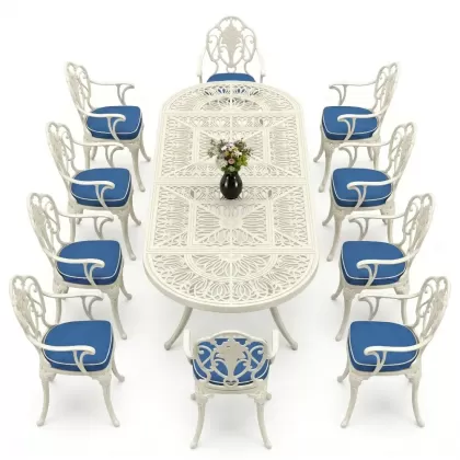 Oval Masa E:100 x D:300 x Y: 72 cm 10 Kişilik alüminyum döküm masa ve sandalye takımı beyaz