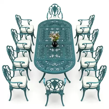 Oval Masa E:100 x D:300 x Y: 72 cm 10 Kişilik alüminyum döküm masa ve sandalye takımı turkuaz