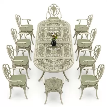 Oval Masa E:100 x D:300 x Y: 72 cm 10 Kişilik alüminyum döküm masa ve sandalye takımı yeşil patina