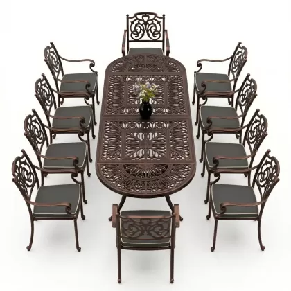 Oval Masa E:100 x D:300 x Y: 72 cm 10 Kişilik alüminyum döküm masa ve sandalye takımı bakır eskitme