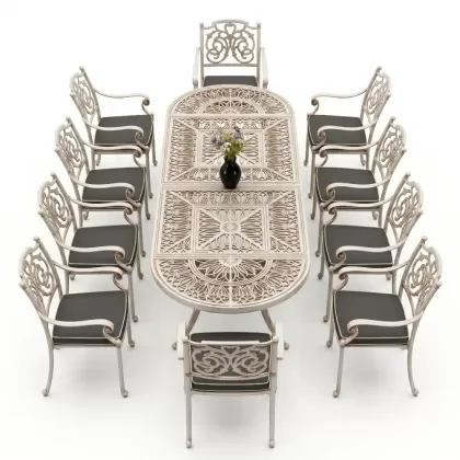 Oval Masa E:100 x D:300 x Y: 72 cm 10 Kişilik alüminyum döküm masa ve sandalye takımı beyaz eskitme