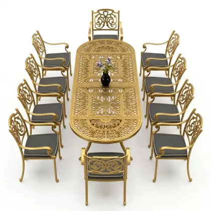 Oval Masa E:100 x D:300 x Y: 72 cm 10 Kişilik alüminyum döküm masa ve sandalye takımı altın gold