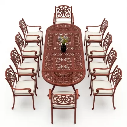 Oval Masa E:100 x D:300 x Y: 72 cm 10 Kişilik alüminyum döküm masa ve sandalye takımı kırmızı kiremit