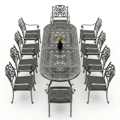 Oval Masa E:100 x D:300 x Y: 72 cm 10 Kişilik alüminyum döküm masa ve sandalye takımı silver gümüş