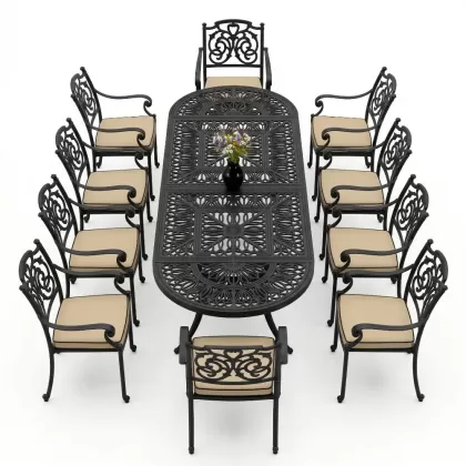 Oval Masa E:100 x D:300 x Y: 72 cm 10 Kişilik alüminyum döküm masa ve sandalye takımı siyah