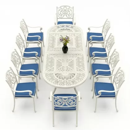 Oval Masa E:100 x D:300 x Y: 72 cm 10 Kişilik alüminyum döküm masa ve sandalye takımı beyaz