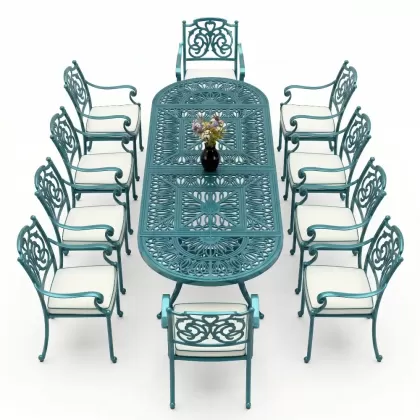 Oval Masa E:100 x D:300 x Y: 72 cm 10 Kişilik alüminyum döküm masa ve sandalye takımı turkuaz