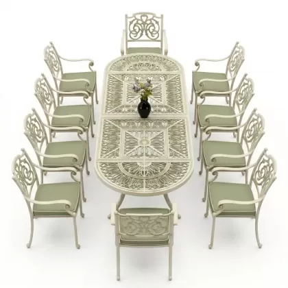 Oval Masa E:100 x D:300 x Y: 72 cm 10 Kişilik alüminyum döküm masa ve sandalye takımı yeşil patina