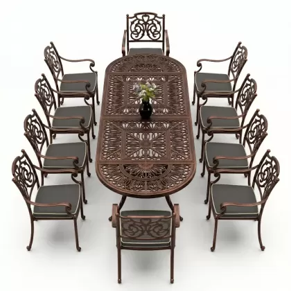 10 kişilik kelebek model kollu alüminyum döküm sandalye ferforje oval masa takımı bakır eskitme