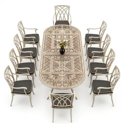 10 kişilik kelebek model kollu alüminyum döküm sandalye ferforje oval masa takımı beyaz eskitme