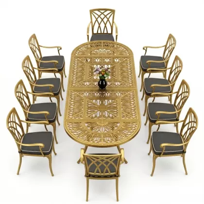 10 kişilik kelebek model kollu alüminyum döküm sandalye ferforje oval masa takımı gold altın