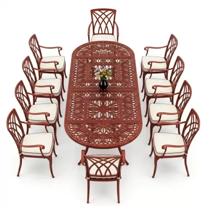 10 kişilik kelebek model kollu alüminyum döküm sandalye ferforje oval masa takımı kiremit kırmızı