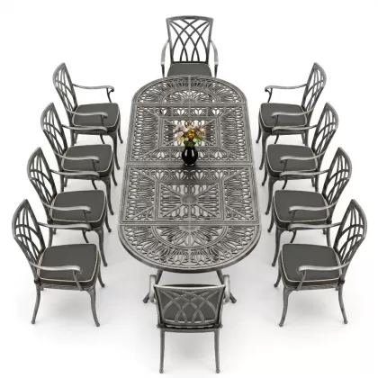 10 kişilik kelebek model kollu alüminyum döküm sandalye ferforje oval masa takımı gümüş silver