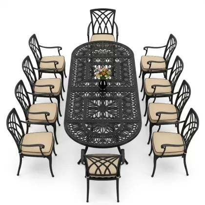10 kişilik kelebek model kollu alüminyum döküm sandalye ferforje oval masa takımı siyah