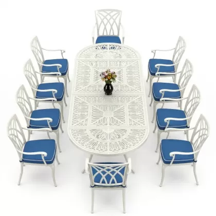 10 kişilik kelebek model kollu alüminyum döküm sandalye ferforje oval masa takımı beyaz