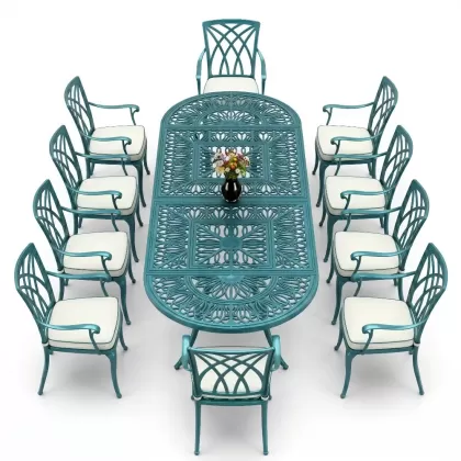 10 kişilik kelebek model kollu alüminyum döküm sandalye ferforje oval masa takımı turkuaz