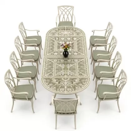 10 kişilik kelebek model kollu alüminyum döküm sandalye ferforje oval masa takımı beyaz yeşil patina