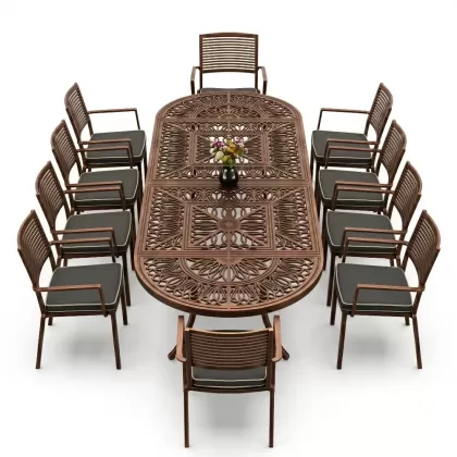 10 kişilik alüminyum döküm ferforje oval masa kollu sandalye takımı bakır eskitme