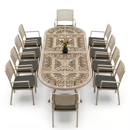 10 kişilik alüminyum döküm ferforje oval masa kollu sandalye takımı beyaz eskitme