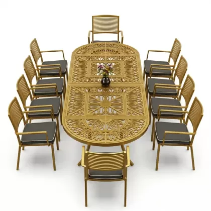 10 kişilik alüminyum döküm ferforje oval masa kollu sandalye takımı gold altın