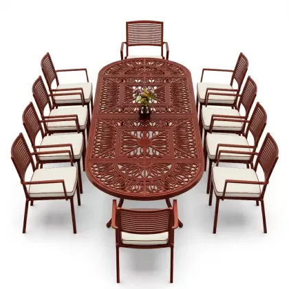 10 kişilik alüminyum döküm ferforje oval masa kollu sandalye takımı kiremit kırmızı