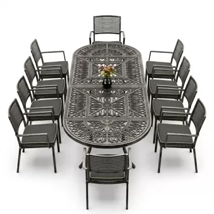 10 kişilik alüminyum döküm ferforje oval masa kollu sandalye takımı gümüş silver