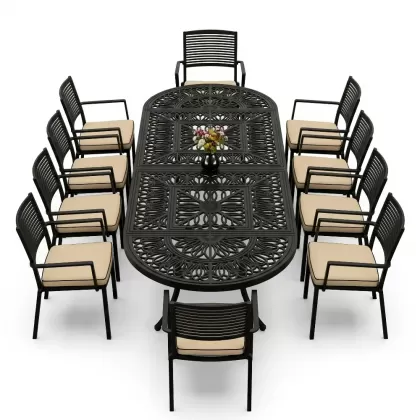 10 kişilik alüminyum döküm ferforje oval masa kollu sandalye takımı siyah