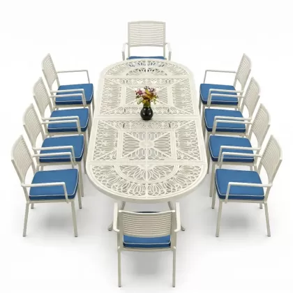 10 kişilik alüminyum döküm ferforje oval masa kollu sandalye takımı beyaz