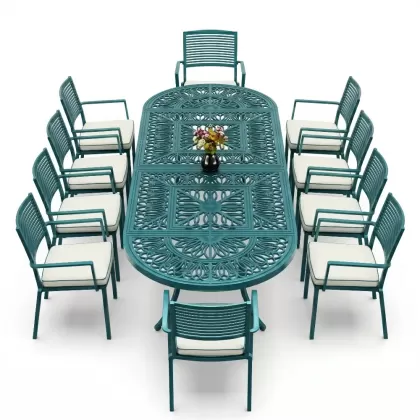 10 kişilik alüminyum döküm ferforje oval masa kollu sandalye takımı turkuaz