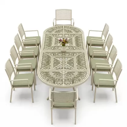 10 kişilik alüminyum döküm ferforje oval masa kollu sandalye takımı yeşil beyaz patina