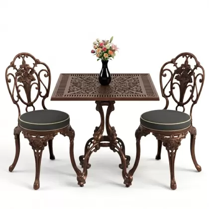 Gül motifli kolsuz 2 alüminyum döküm ferforje sandalye kare masa seti bakır eskitme