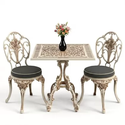Gül motifli kolsuz 2 alüminyum döküm ferforje sandalye kare masa seti beyaz eskitme