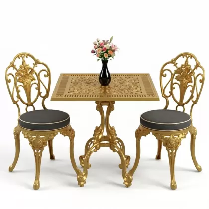 Gül motifli kolsuz 2 alüminyum döküm ferforje sandalye kare masa seti gold altın
